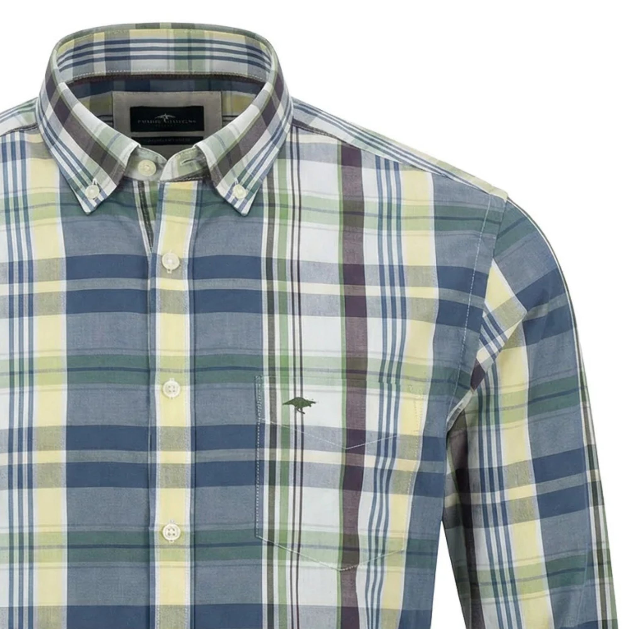 Plaid shirt with a visible brand logo on a white background
