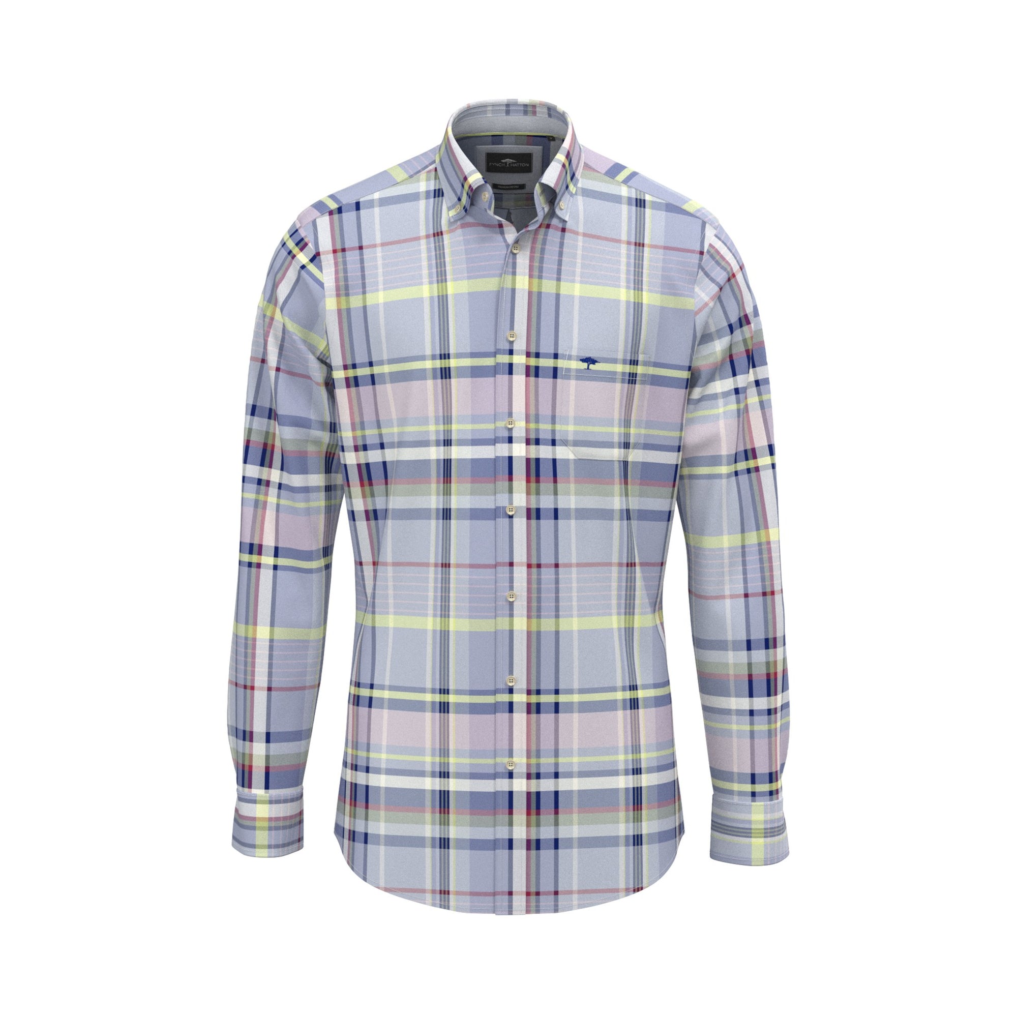 Plaid shirt with a visible brand logo on a white background