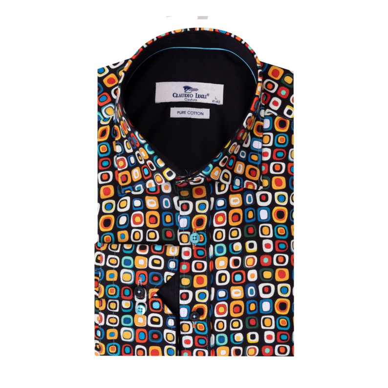 Colorful patterned shirt with a brand label on a white background
