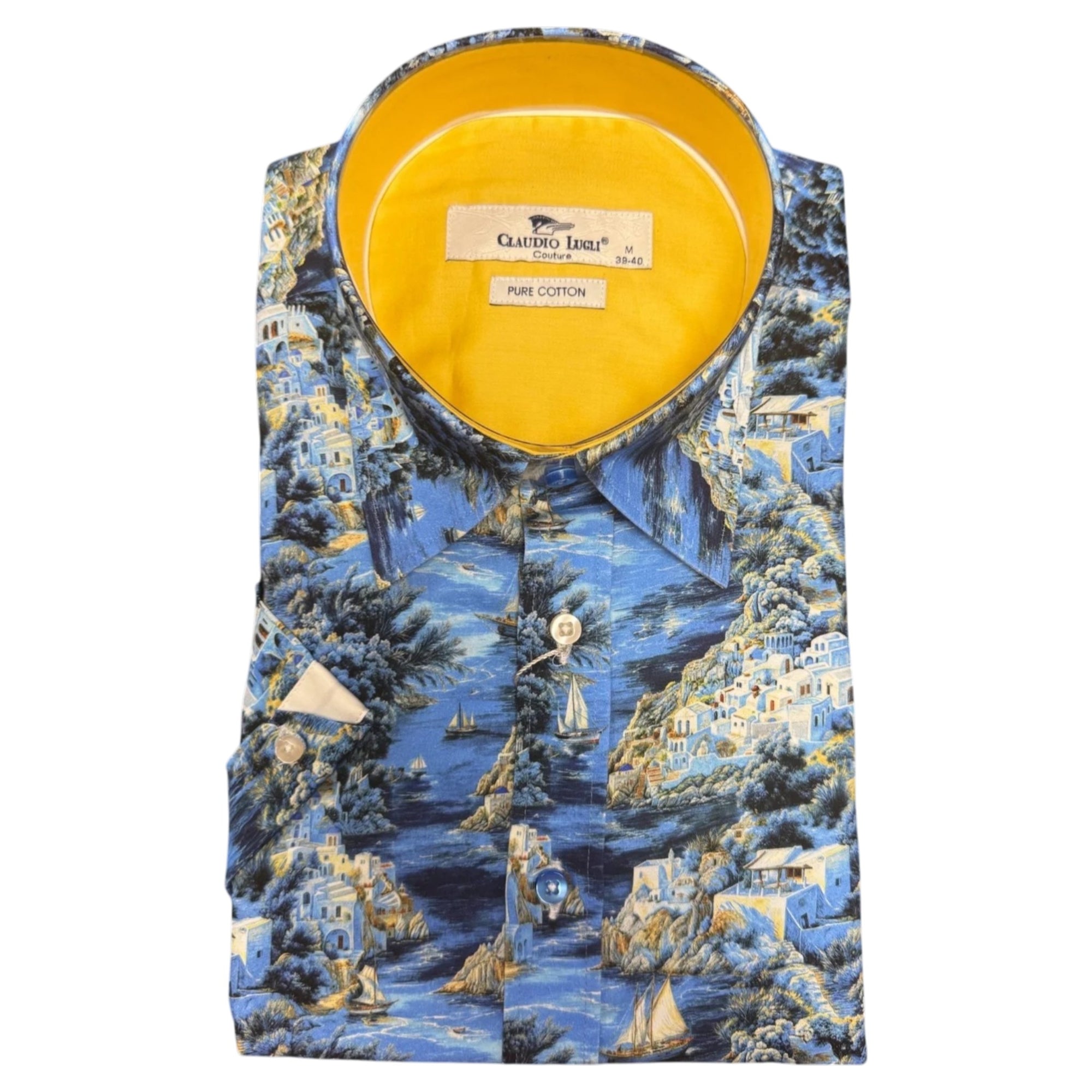 Folded shirt with a scenic pattern on a white background
