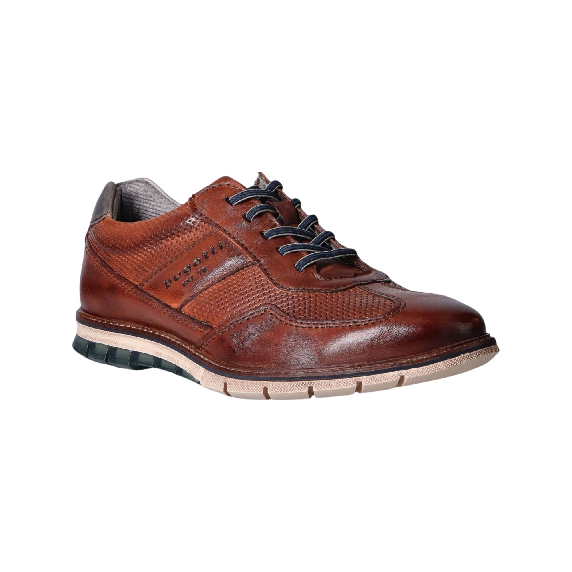 Cognac leather shoe with black laces on a white background