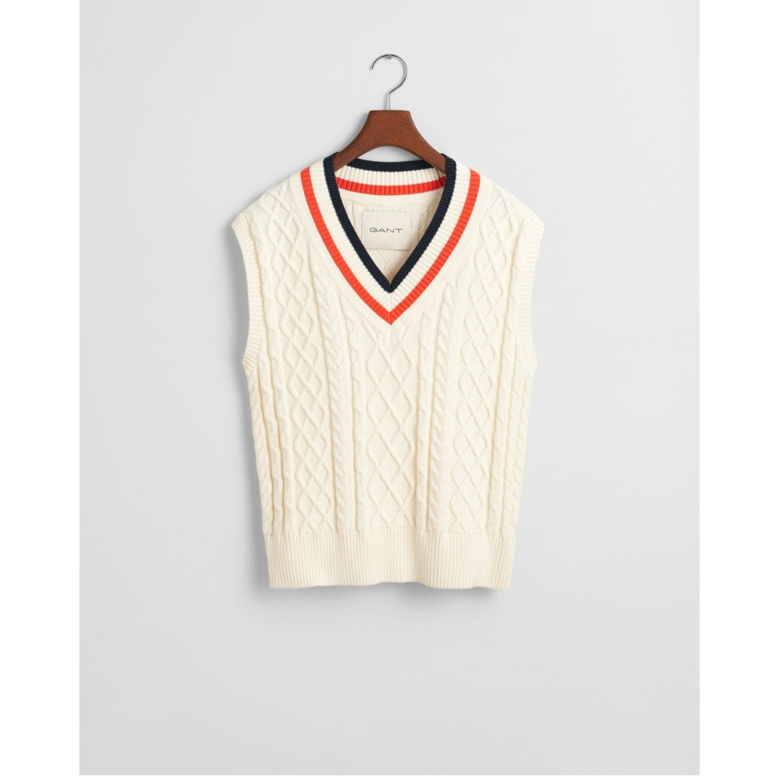 GANT Contrast Cable Knit V-Neck Vest Sweater Tank Top Cream 4805316