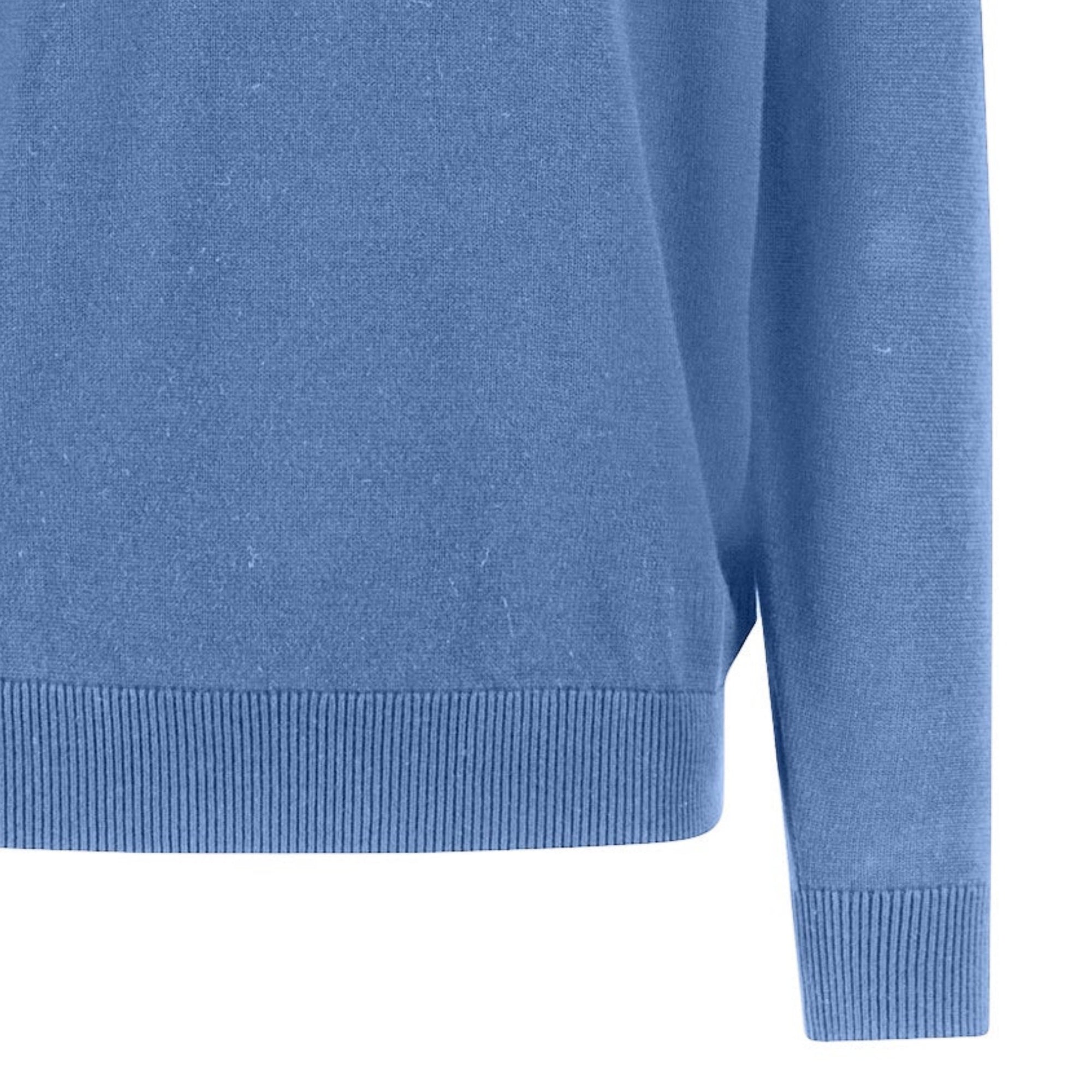Close-up of a blue sweater sleeve on a white background