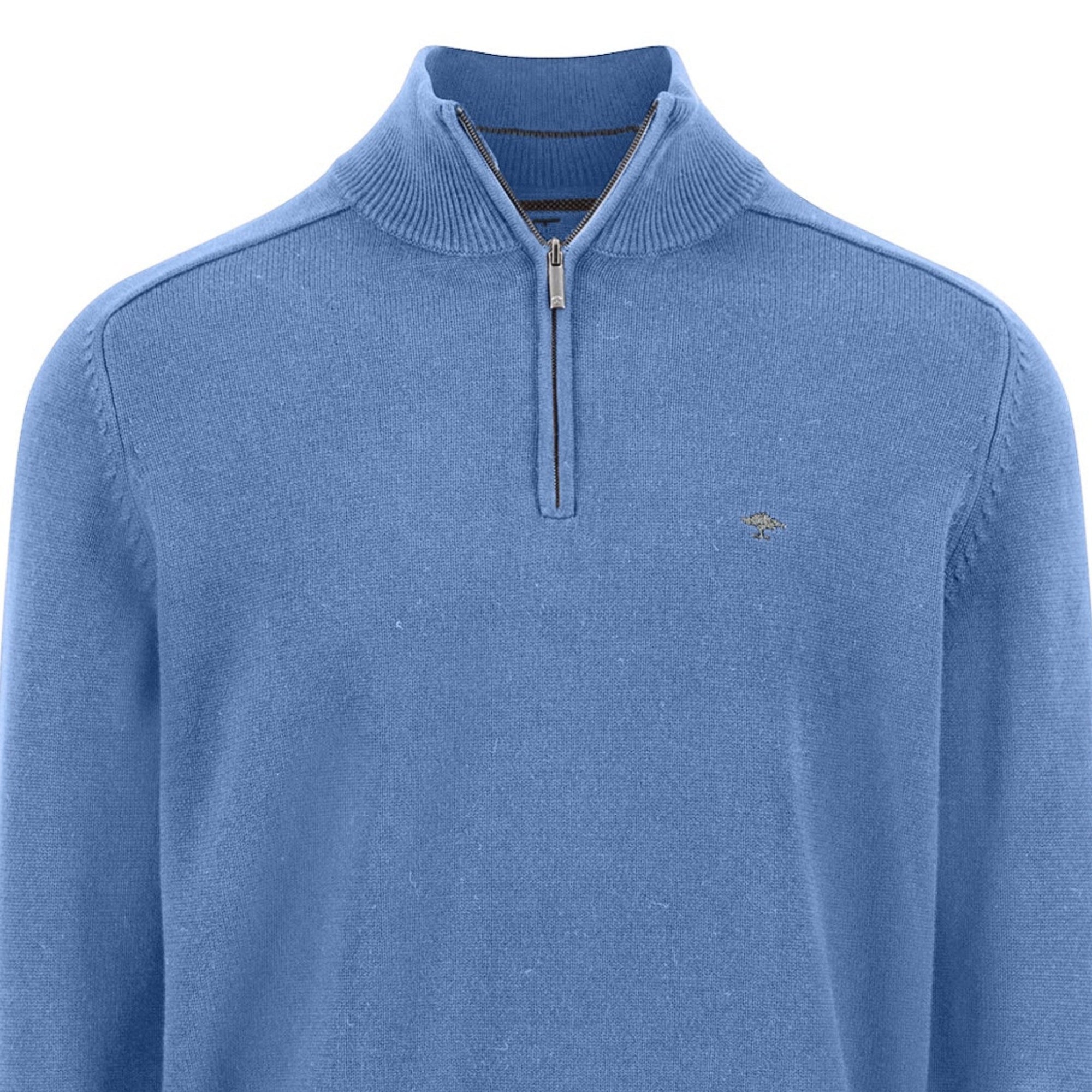 Blue pullover with a quarter zip and brand logo on a white background