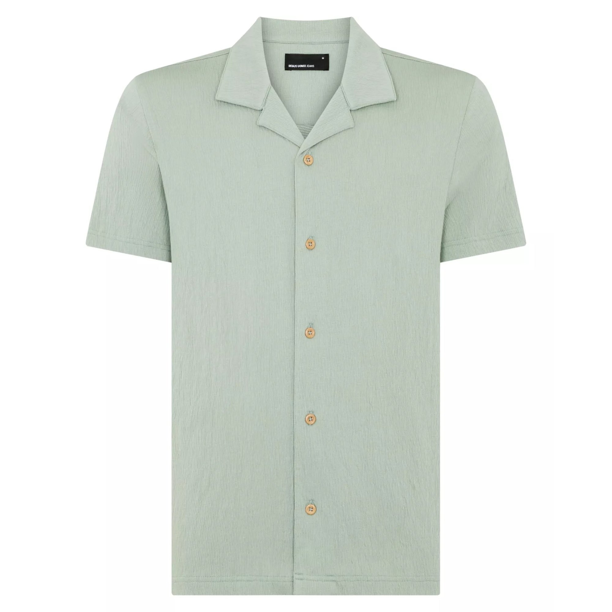 Light green short-sleeve shirt with buttons on a white background