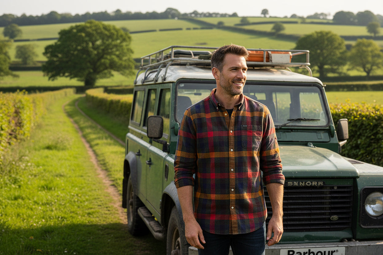 Man wearing Danloch Barbour Check Shirt next to his landrover