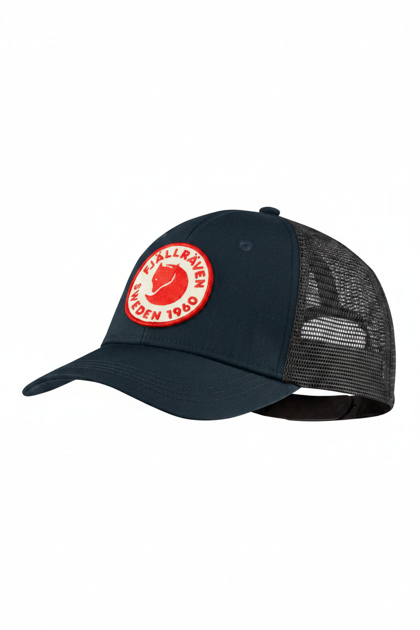 Navy cap with red logo on a white background