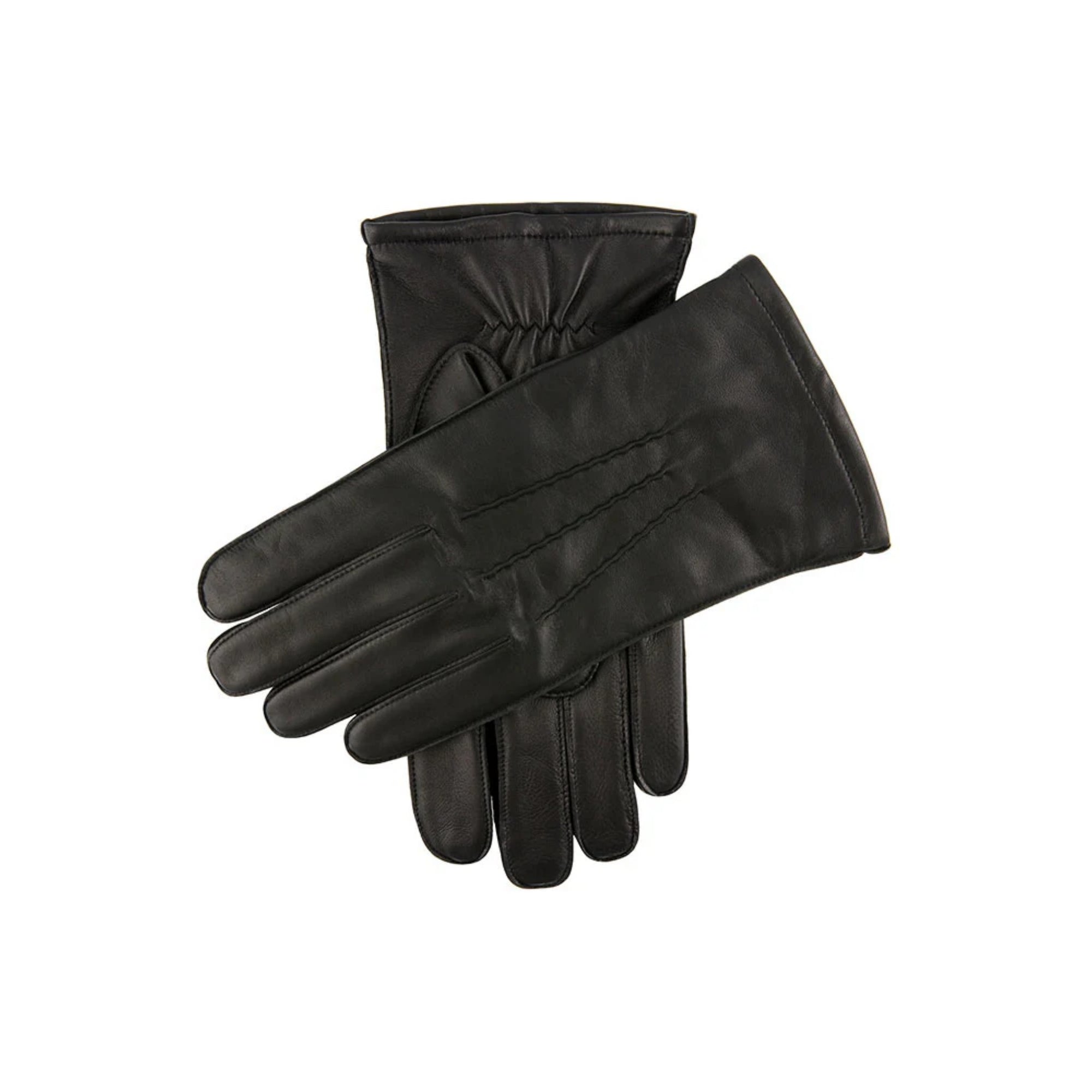 Pair of black leather gloves on a white background