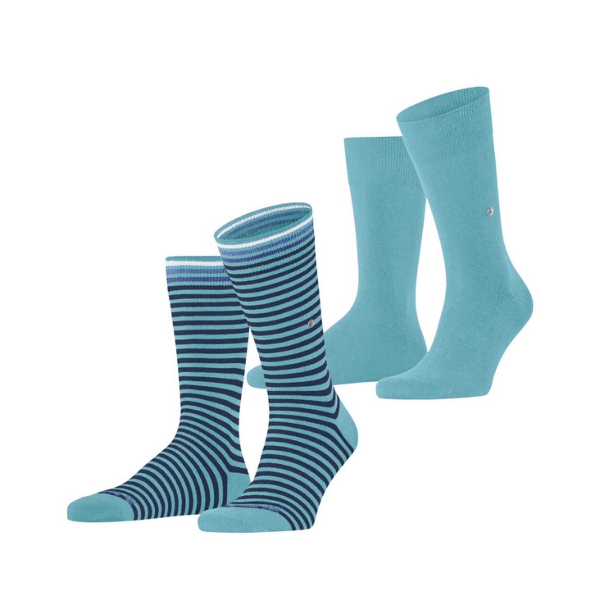 Two pairs of socks, one striped and one solid, on a white background