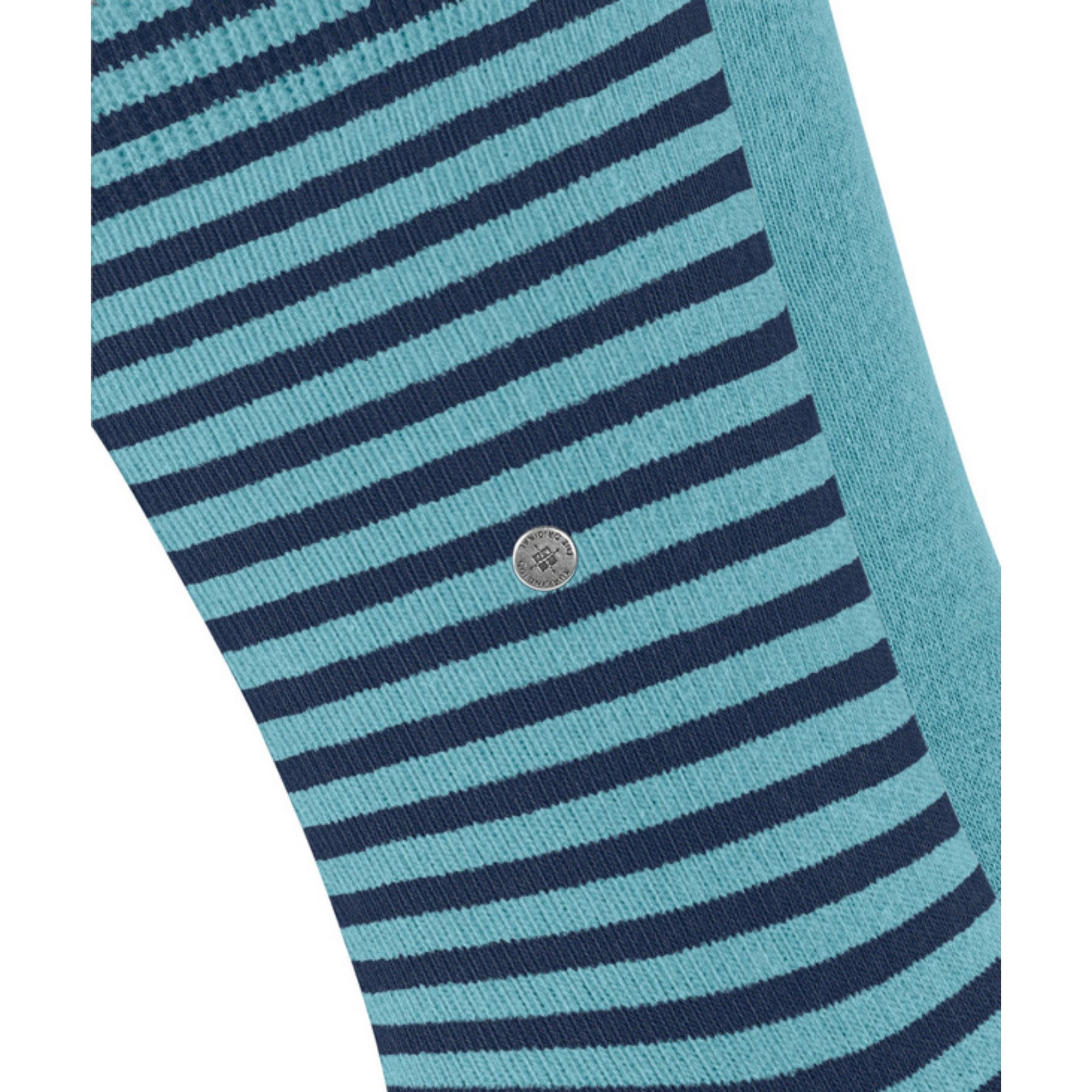 Teal and navy striped sock with a button detail on a white background
