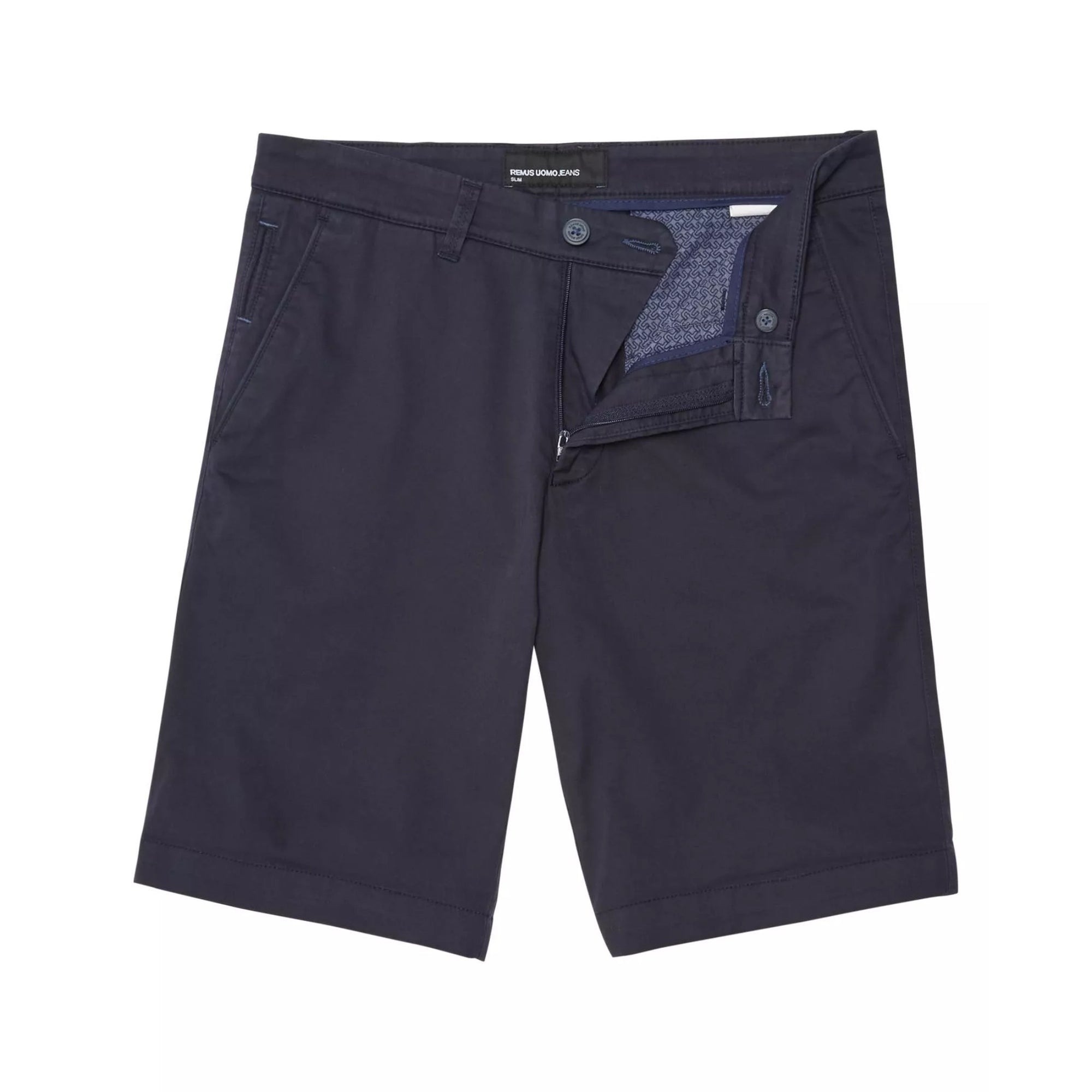 Navy shorts with a patterned pocket on a white background