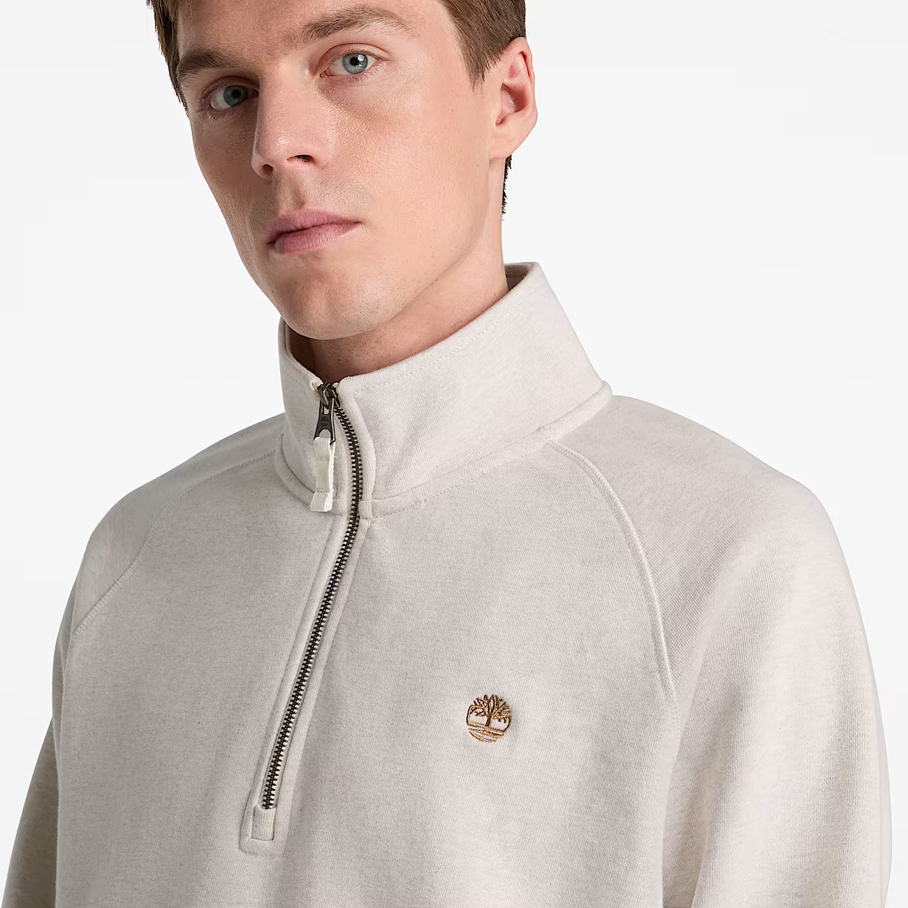 Exeter River Embroidered Logo Quarter-Zip Sweatshirt in Light Beige
