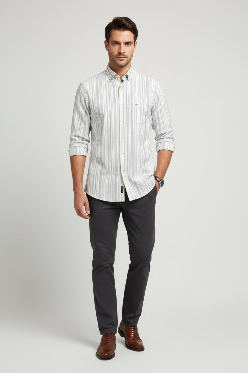 Fynch-Hatton Striped Cotton Button Down Shirt in New Breeze Blue