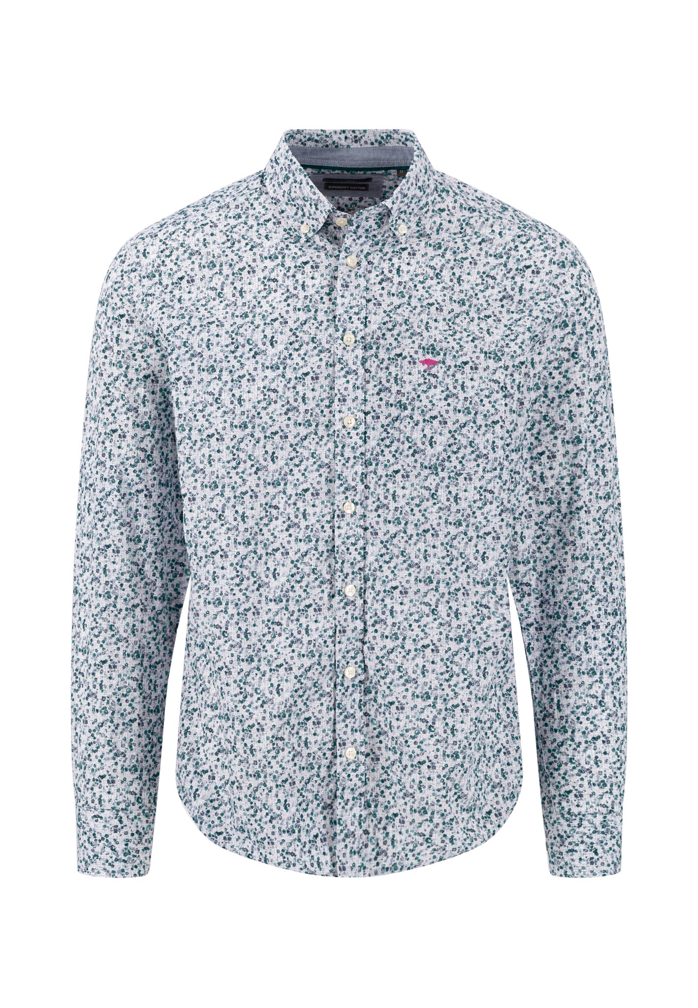 A long-sleeve button-up shirt with a dense micro-print pattern in blue, white, and gray, featuring a small pink and blue embroidered logo on the left chest.