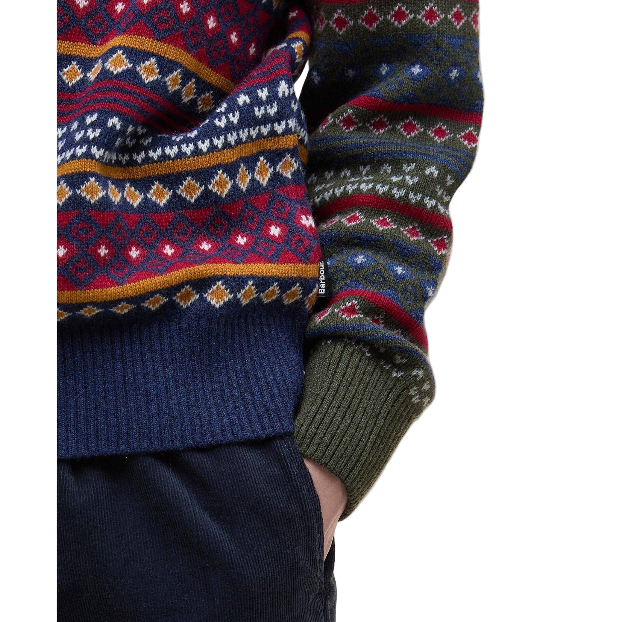 Close-up of a person wearing a patterned sweater with a white background