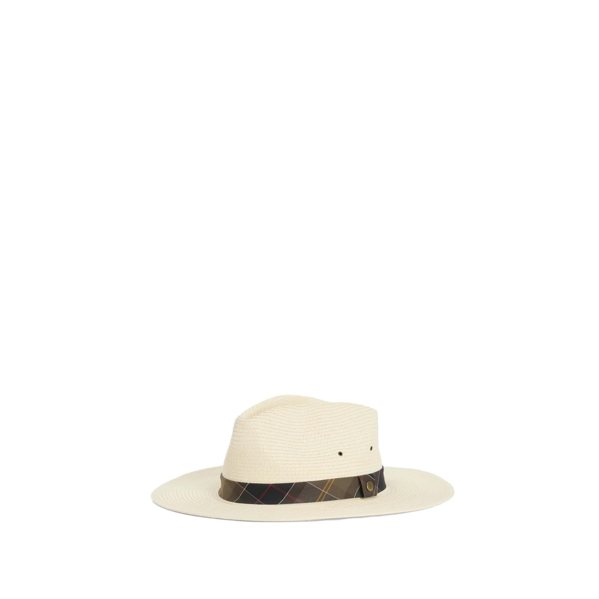 White hat with a plaid band on a white background