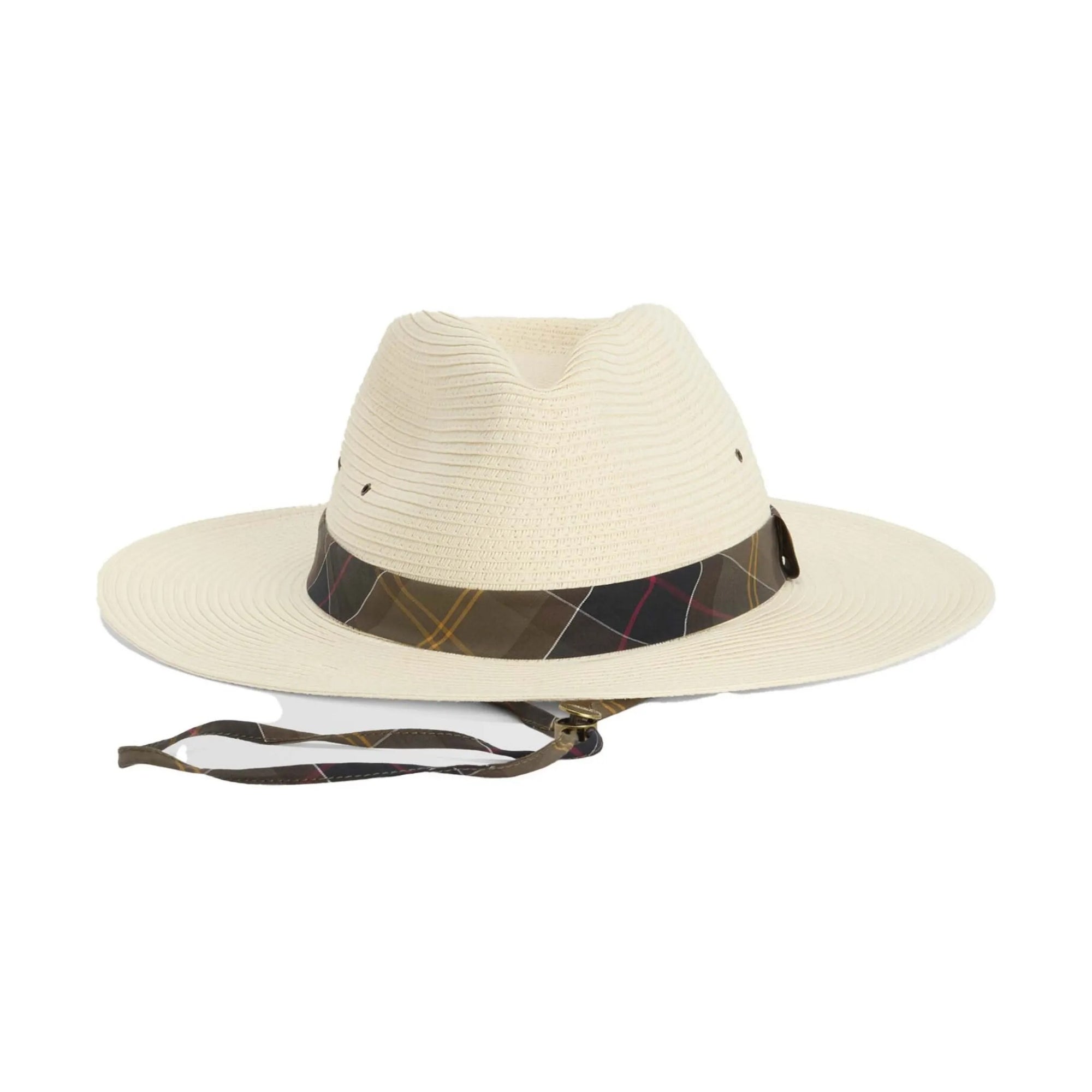 Beige straw hat with a plaid band on a white background