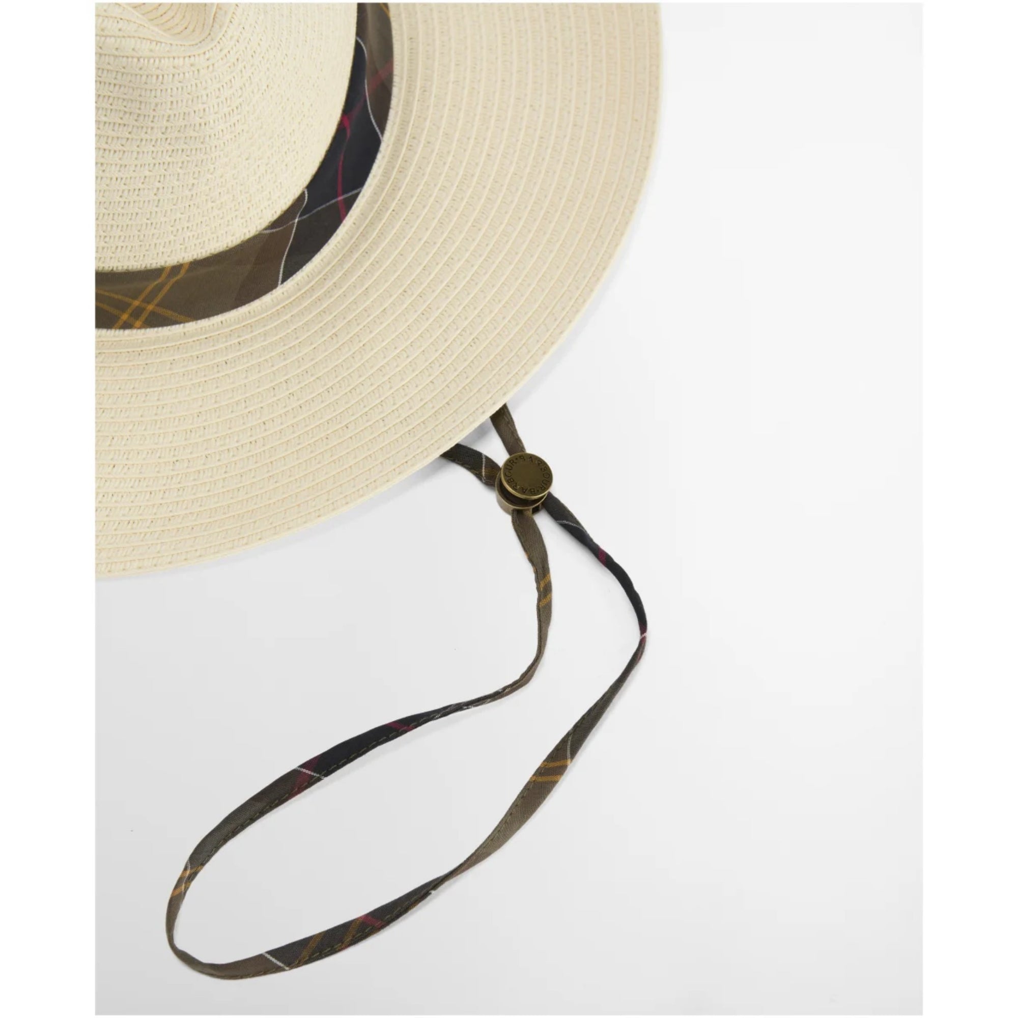 Beige straw hat with a plaid band and matching lanyard on a white background