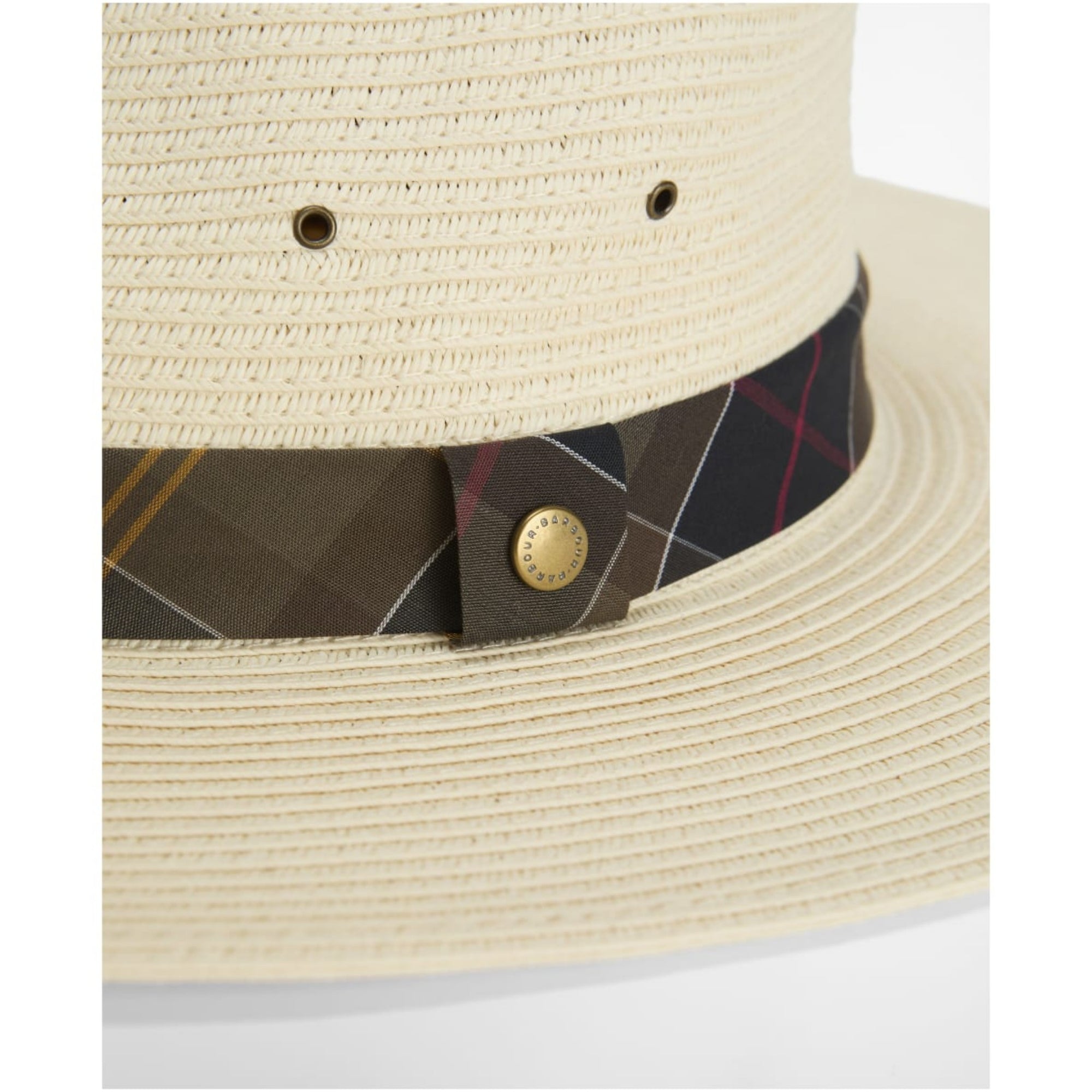 Beige straw hat with a plaid band and gold button on a white background