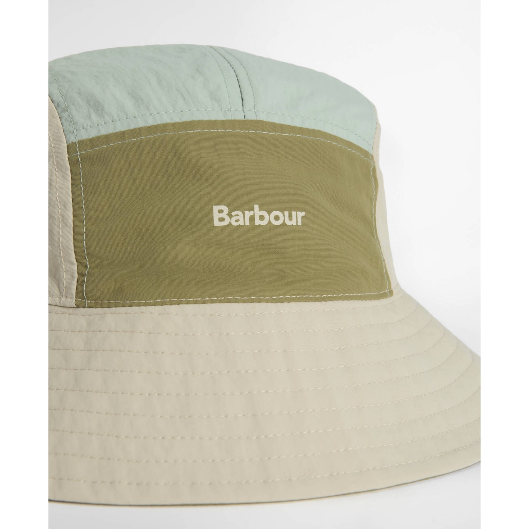 Bucket hat with green and beige sections and Barbour logo on a white background