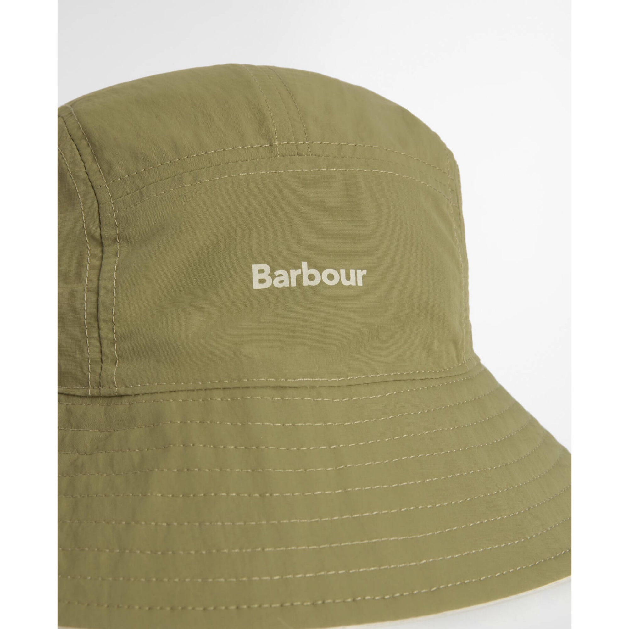 Green bucket hat with Barbour logo on a white background