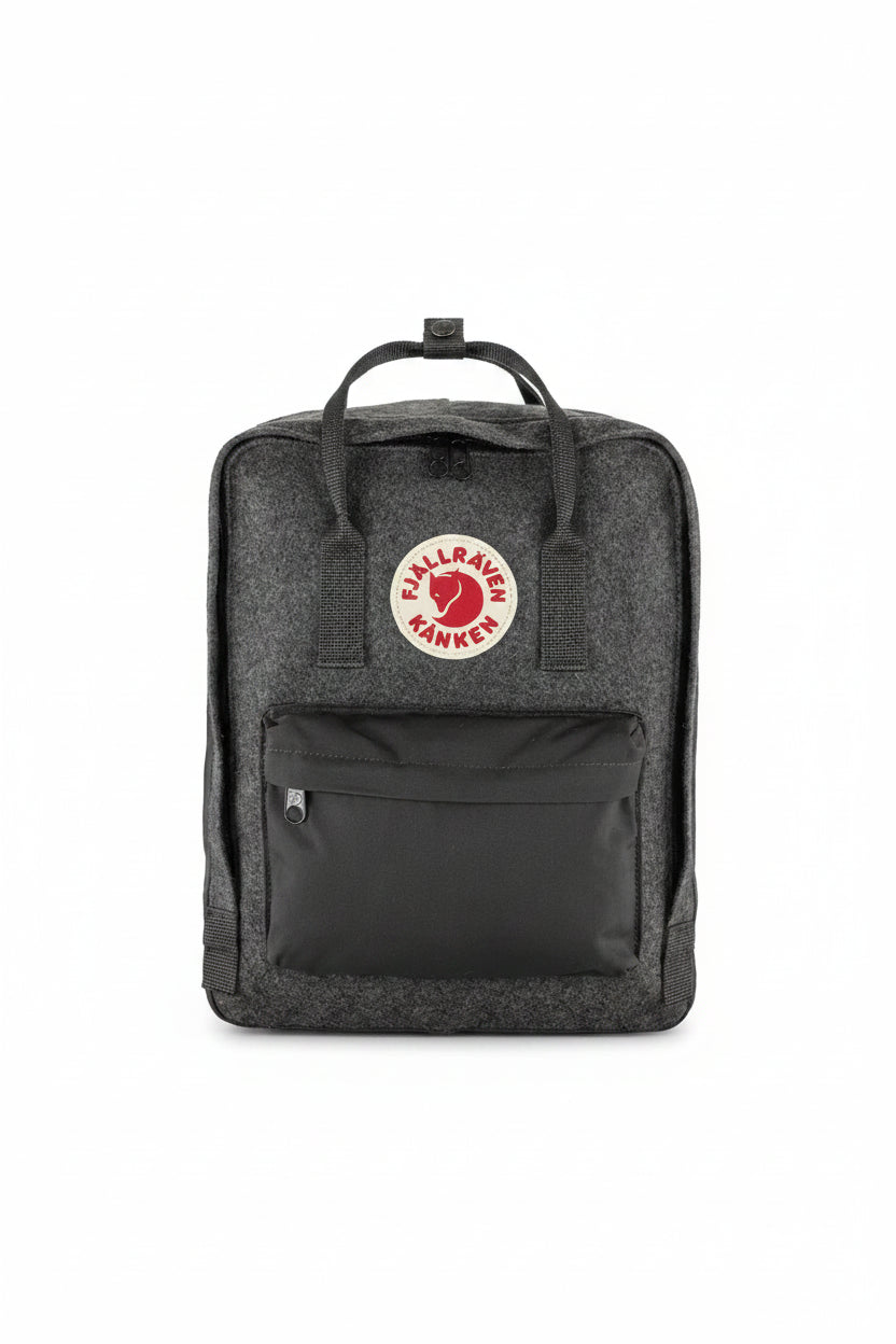 Gray backpack with Fjällräven Kånken logo on a white background