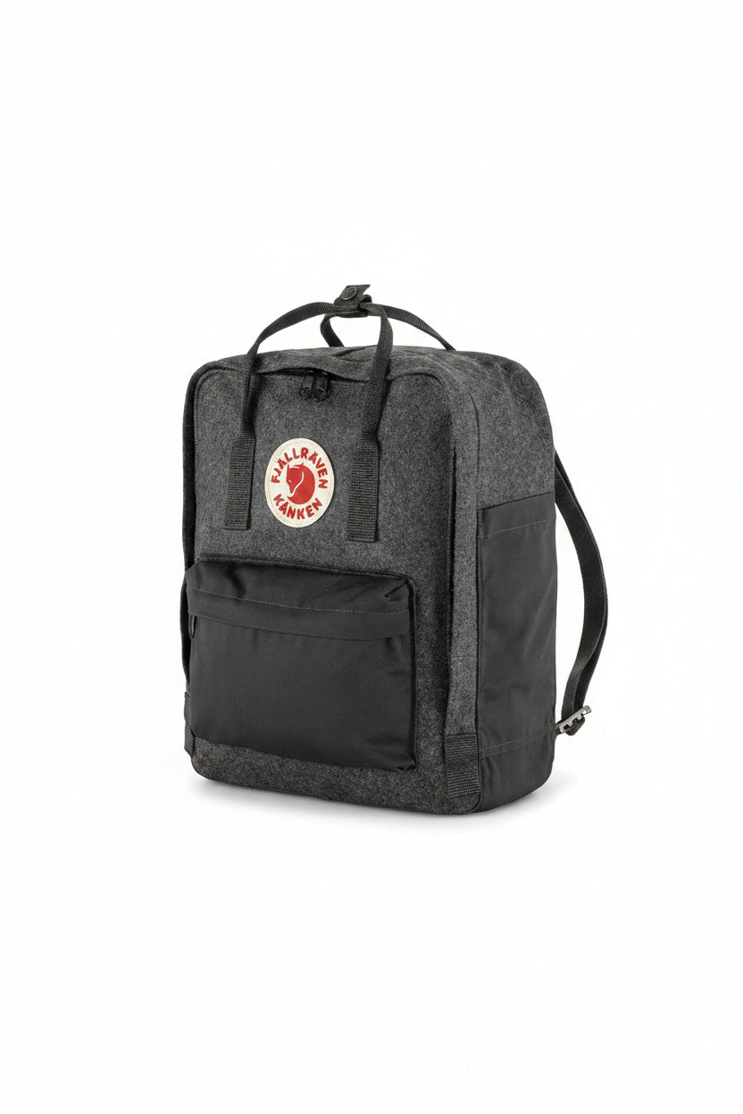 Gray backpack with a visible brand logo on a white background