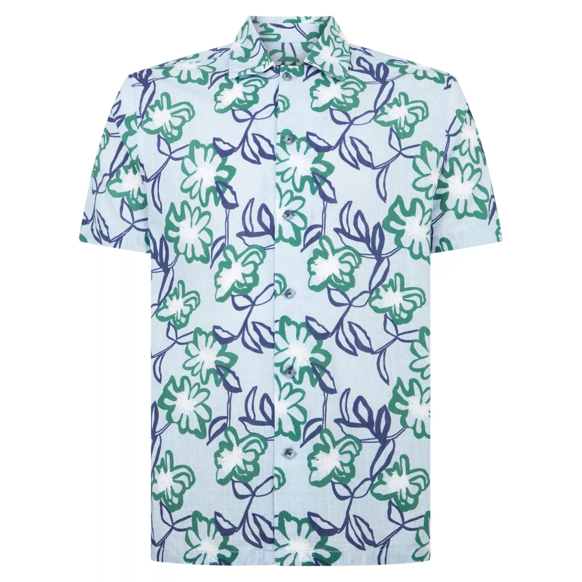 Short-sleeve shirt with floral pattern on a light blue background