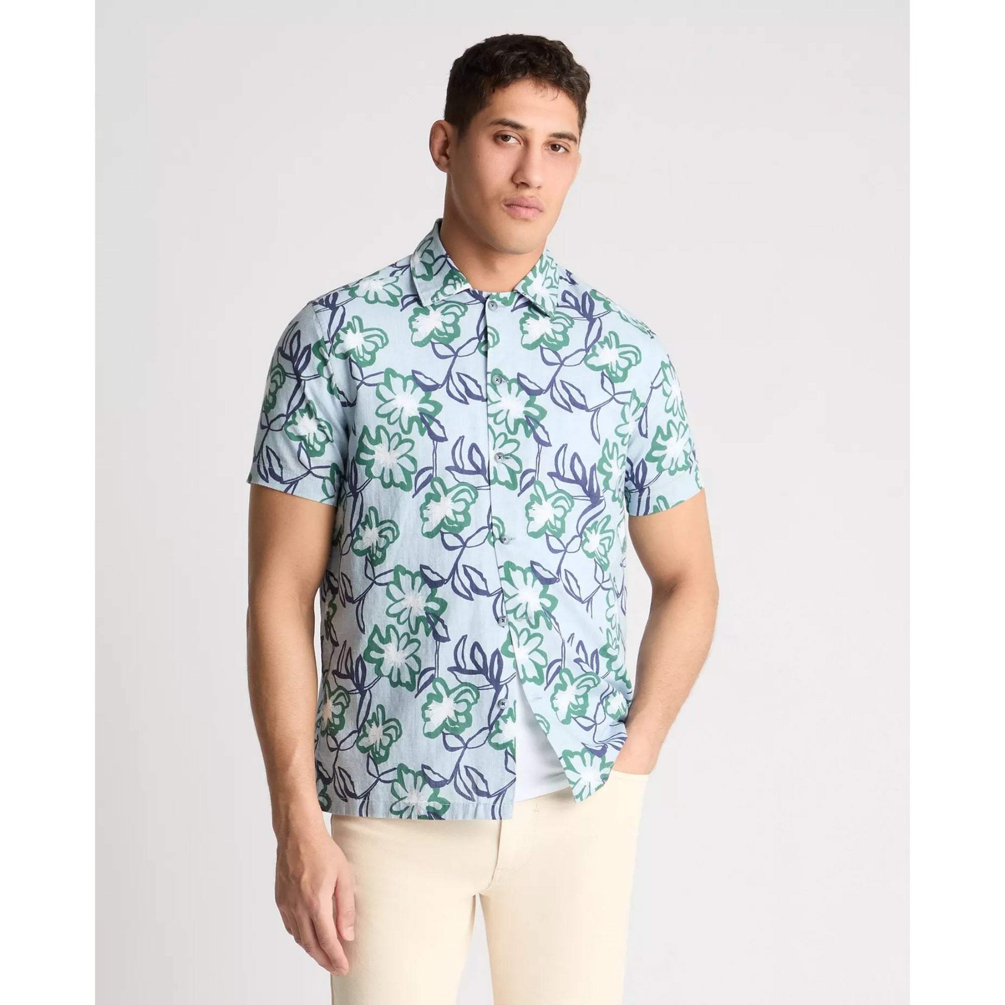 Man wearing a patterned shirt with a plain background