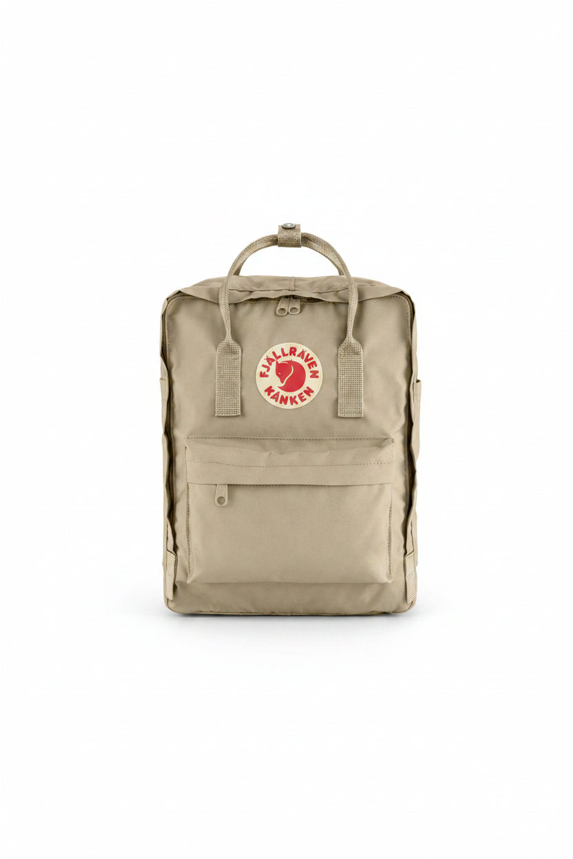 Beige backpack with Fjällräven Kånken logo on a white background
