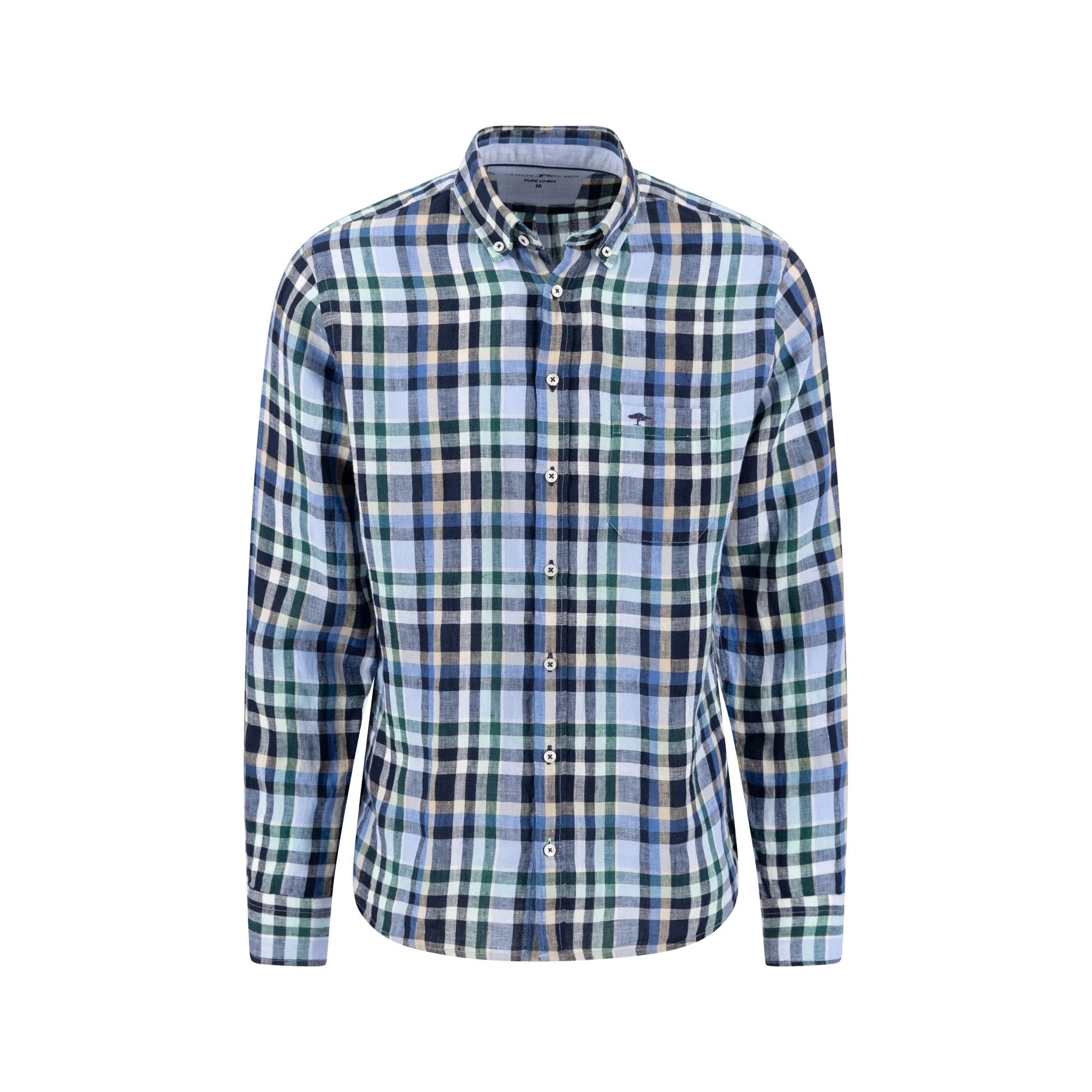 Plaid shirt with blue, green, and white pattern on a white background
