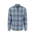 Plaid shirt with blue, green, and white pattern on a white background