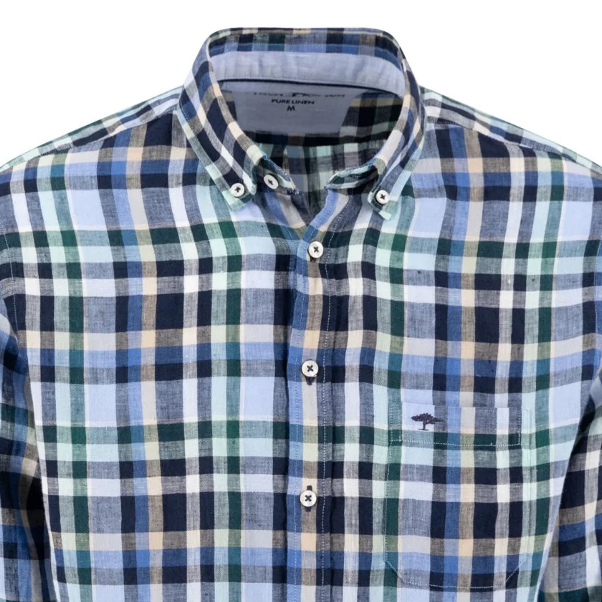 Plaid shirt with a visible brand logo on a white background