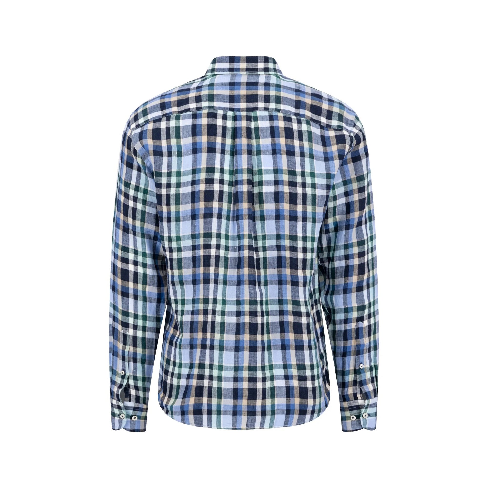 Plaid shirt with blue, green, and white pattern on a white background