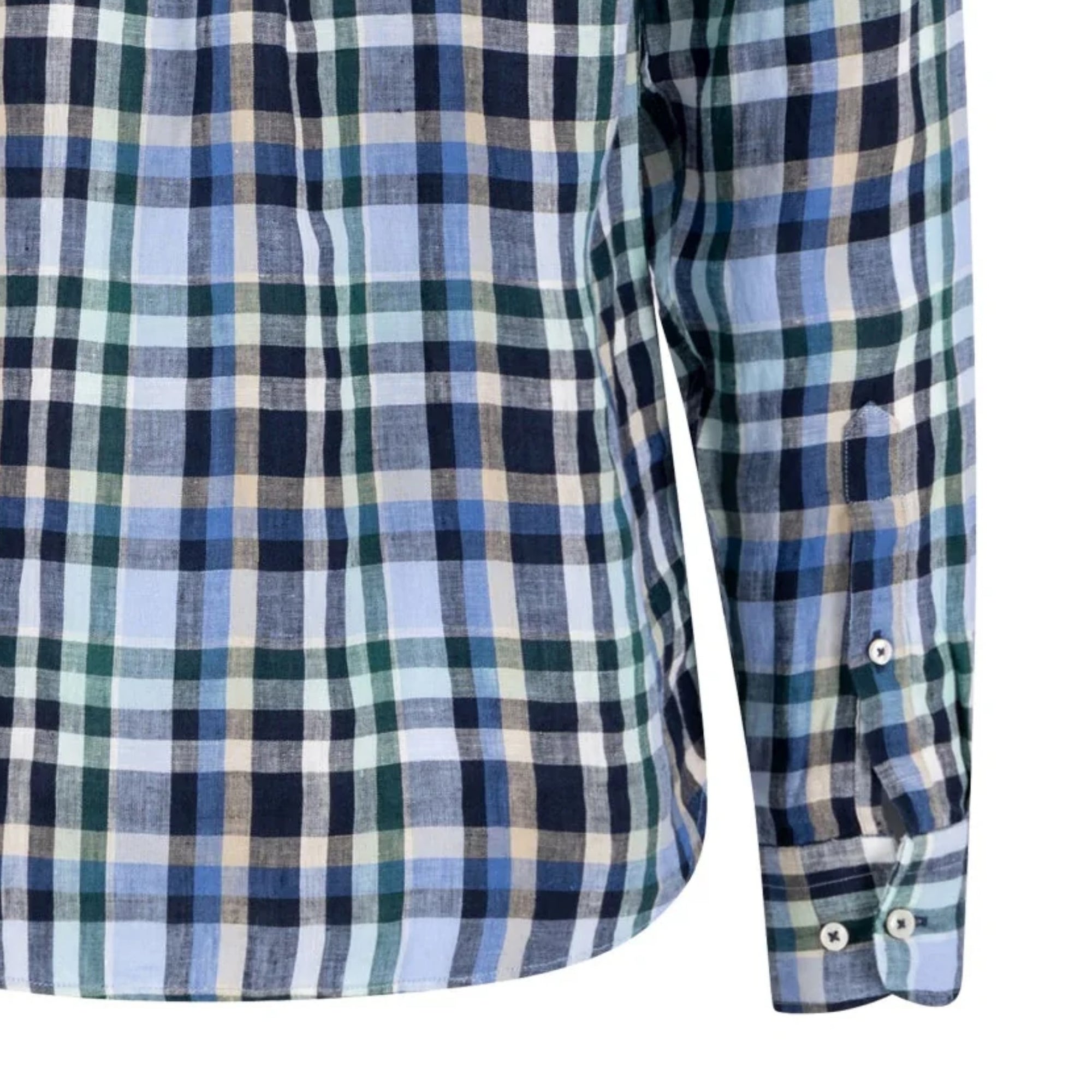 Close-up of a plaid shirt with blue, green, and white pattern on a white background