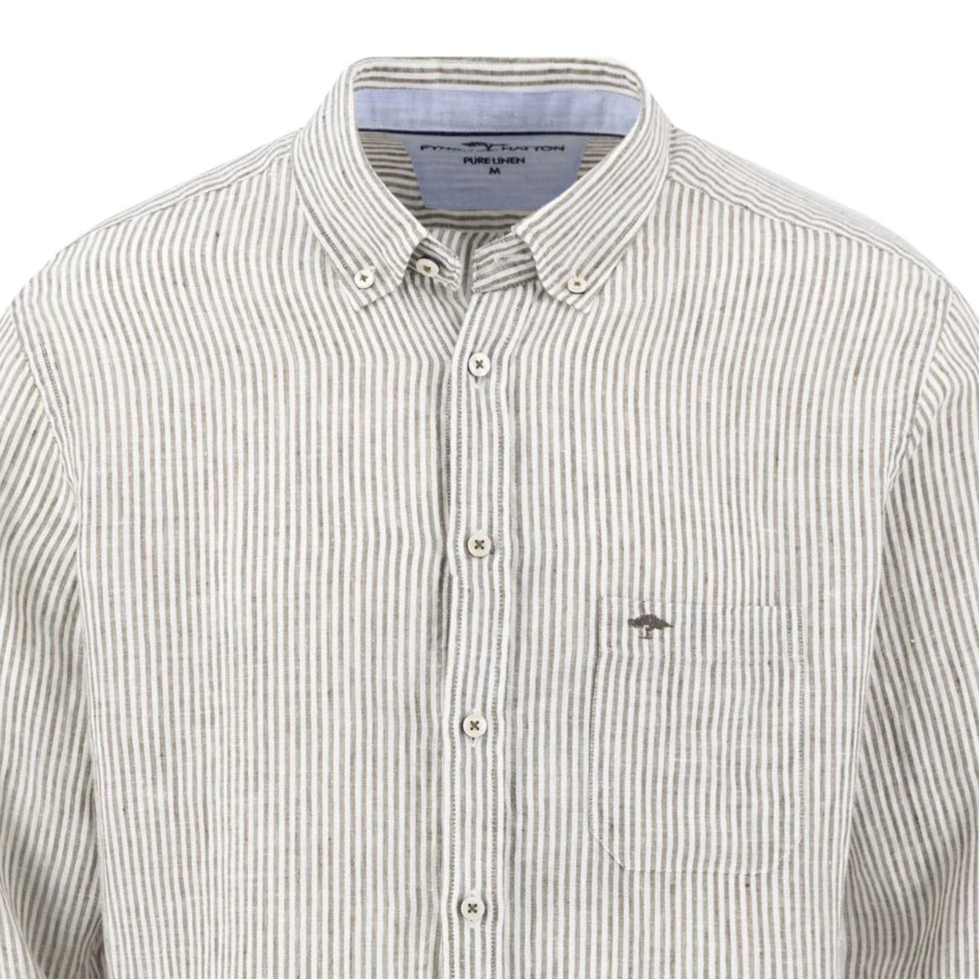 Striped button-up shirt with a brand label on a white background