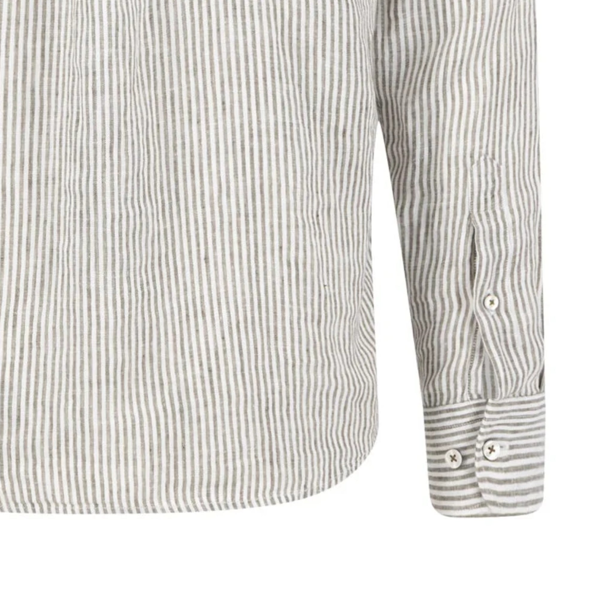 Close-up of a gray and white striped shirt with rolled-up sleeve on a white background