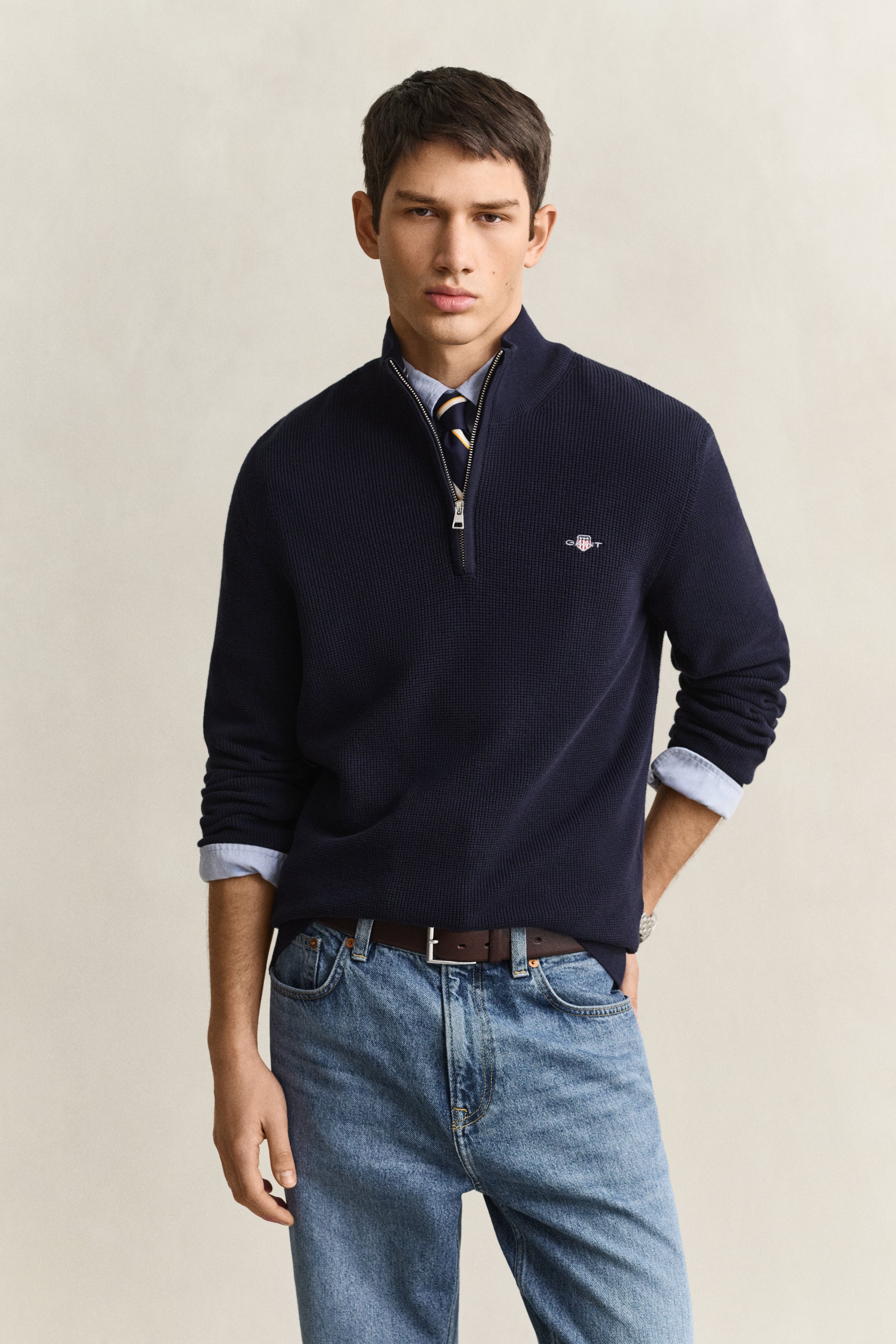 GANT Textured Cotton Half-Zip Sweater in Evening Blue 8030292