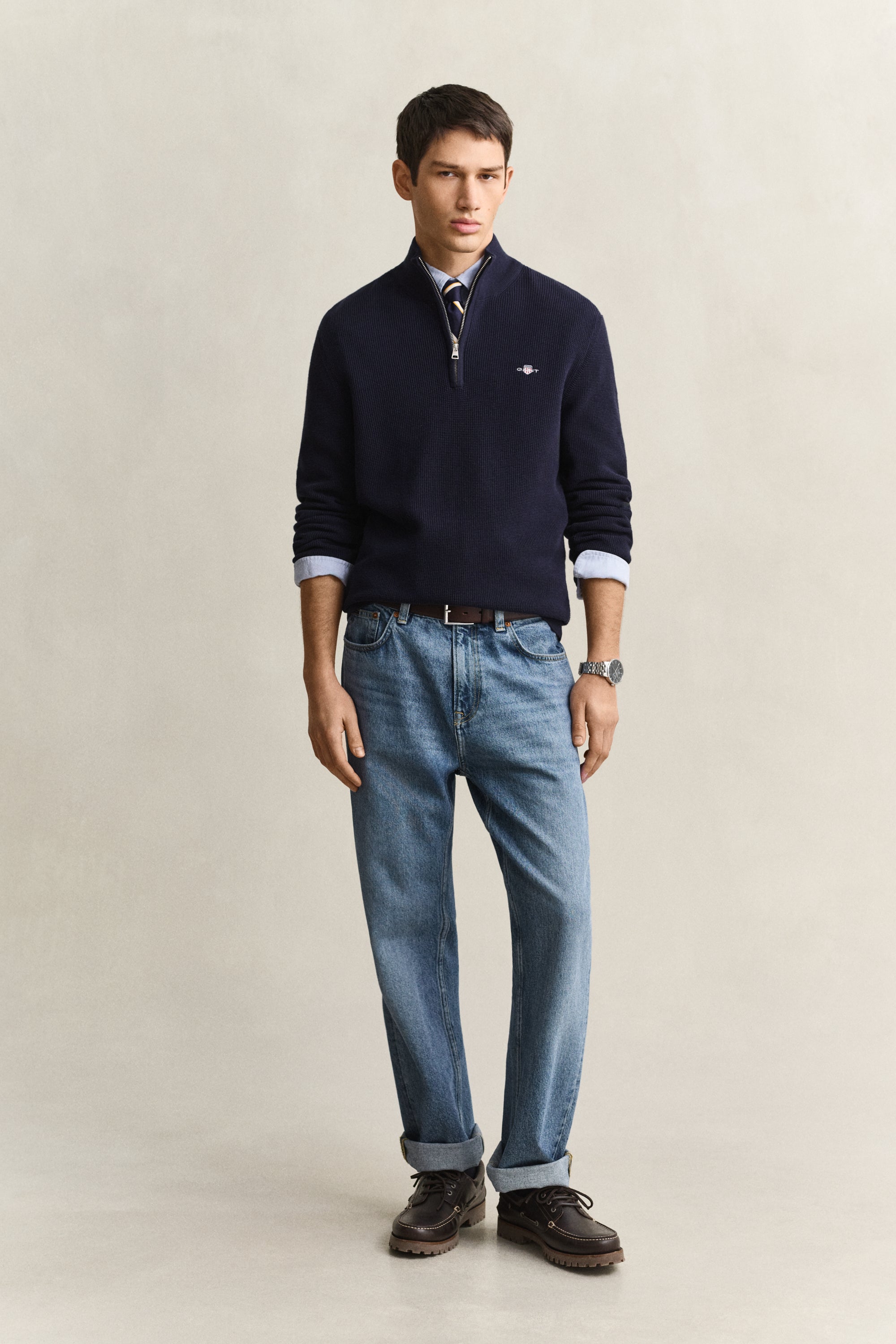 GANT Textured Cotton Half-Zip Sweater in Evening Blue 8030292