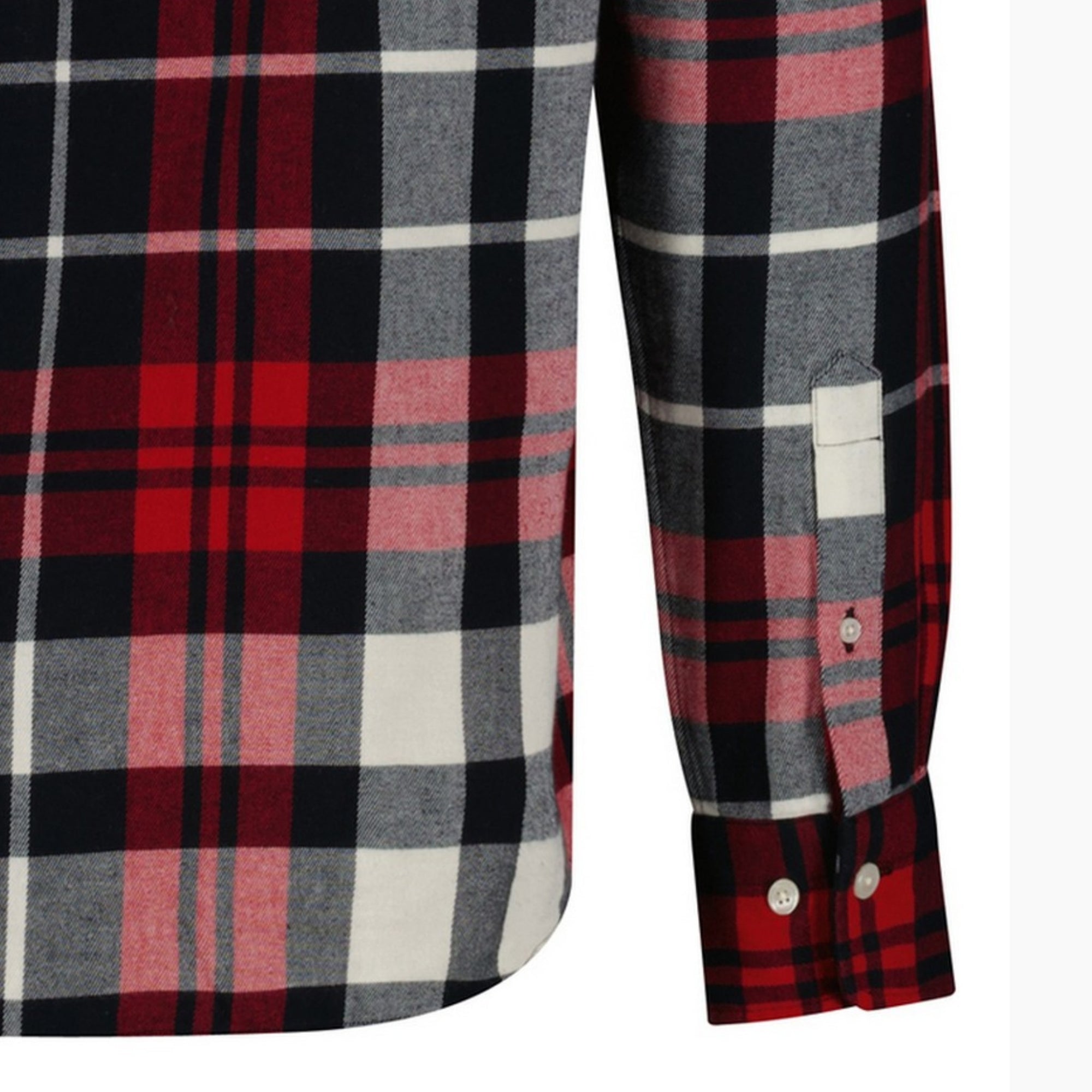 Close-up of a plaid GANT shirt with red, black, and gray pattern on a white background