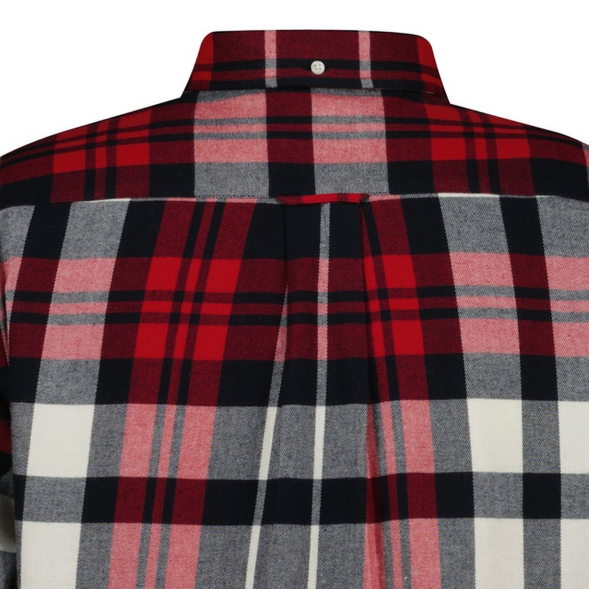 Close-up of a GANT red, black, and gray plaid shirt