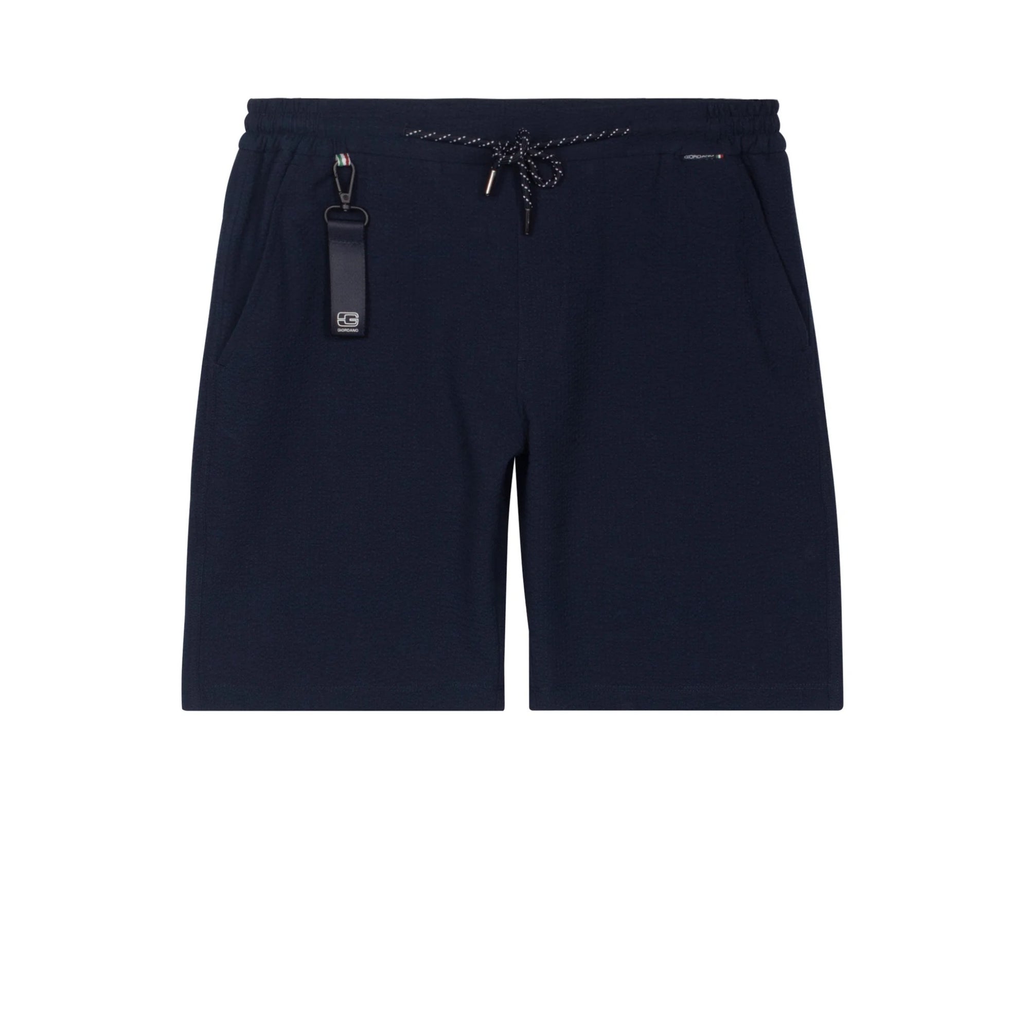 Navy blue shorts with a zipper pocket on a white background