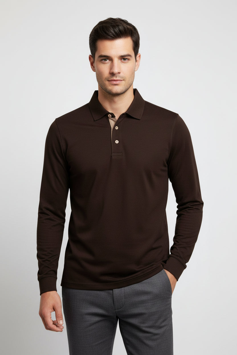 Giordano Luke Liquid Cotton Long Sleeve Polo in Dark Brown