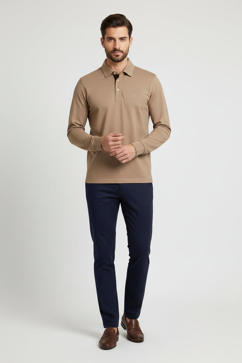 Giordano Luke Liquid Cotton Long Sleeve Polo in Beige