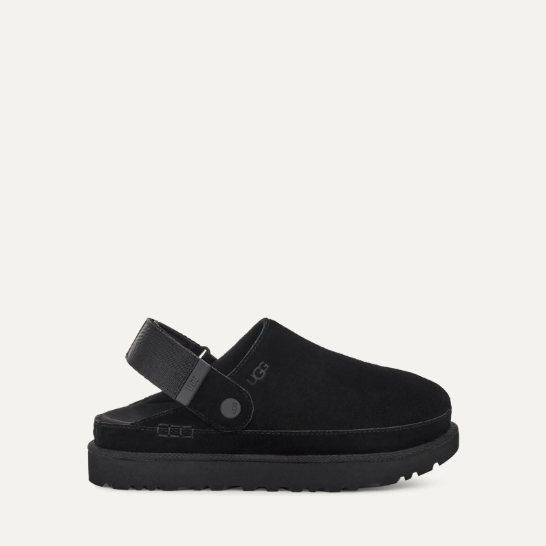 Black UGG slipper on a light gray background
