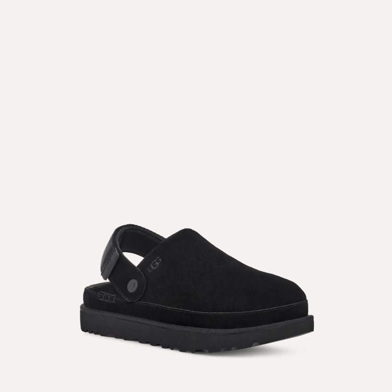 Black clog shoe on a light gray background