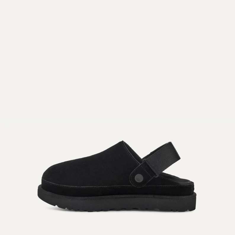 Black sandal with a strap on a white background
