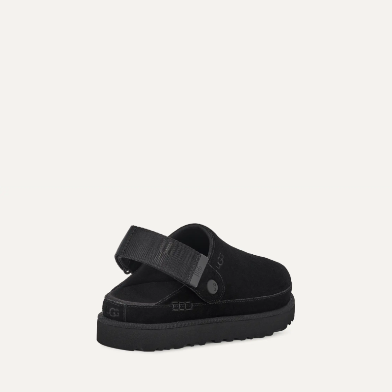 Black sandal with a strap on a white background