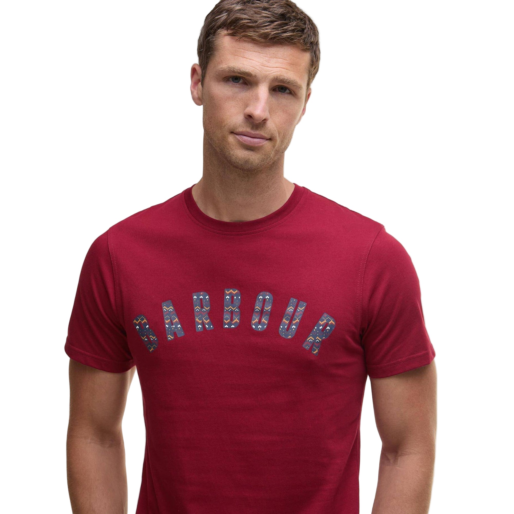 Man wearing a red t-shirt with &#39;Harbour&#39; printed on it against a white background