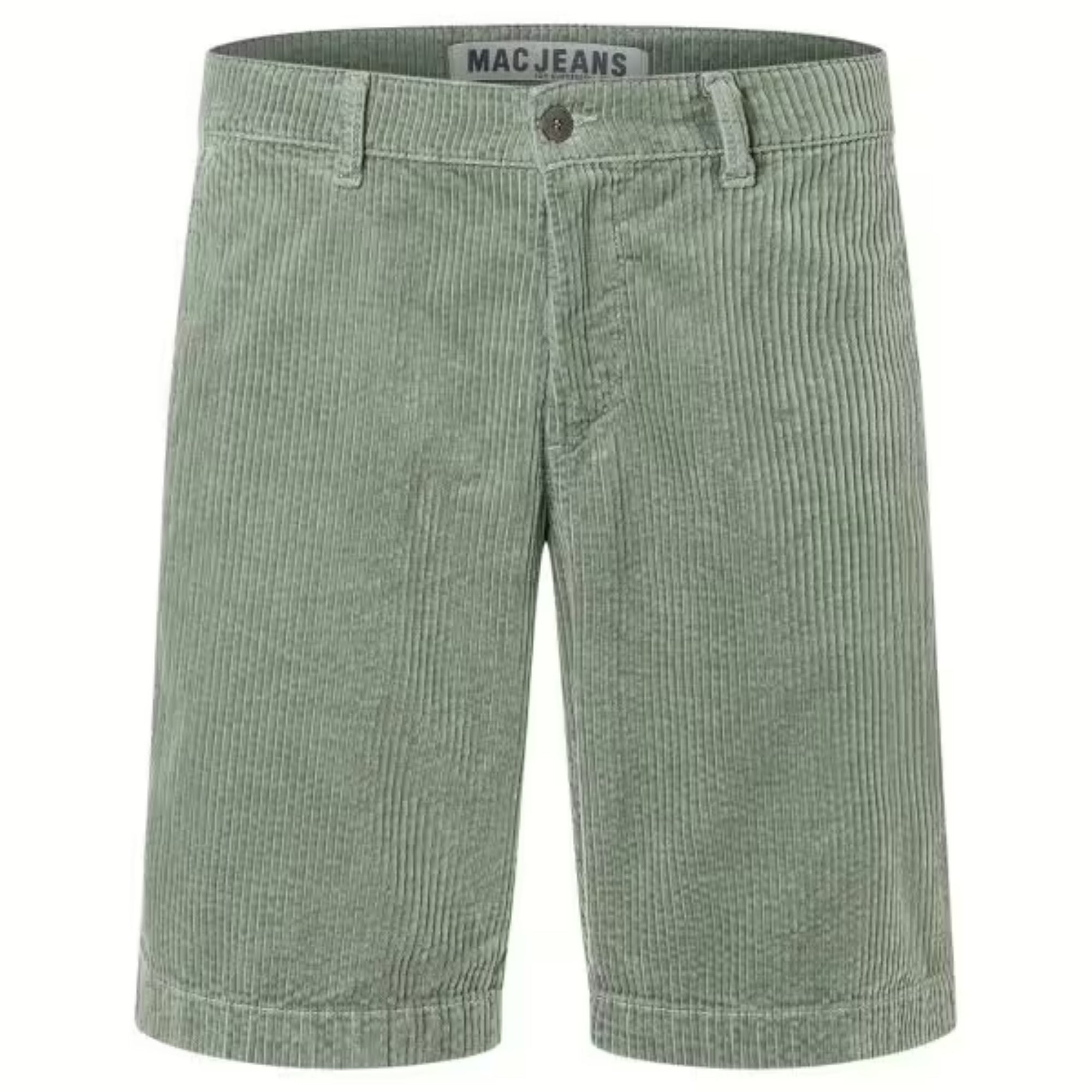 Green striped shorts with 'MAC JEANS' label on a white background